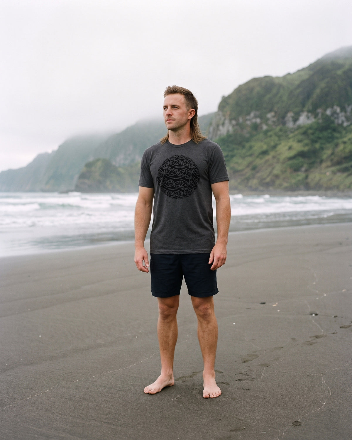 Model wearing humbl Aroha t-shirt in Asphalt Marle