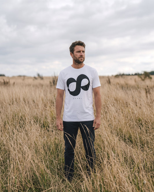 Model wearing humbl mark t-shirt in White