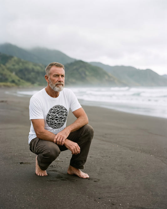 Model wearing humbl Aroha t-shirt in White